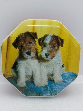 Vtg. Terrier Dogs Blue Bird Confectionery Octagonal Small Tin Harry Vincent